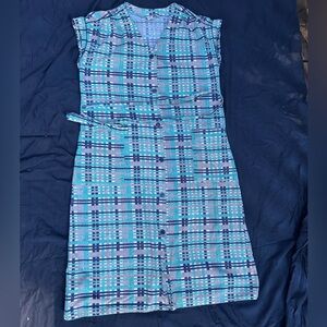 VINTAGE 50’s European Blue and White Sleeveless Midi Dress with Tie Belt Pinup